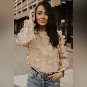 Böhme Textured Pom Pom Blouse | Romantic Sheer Top | Size S